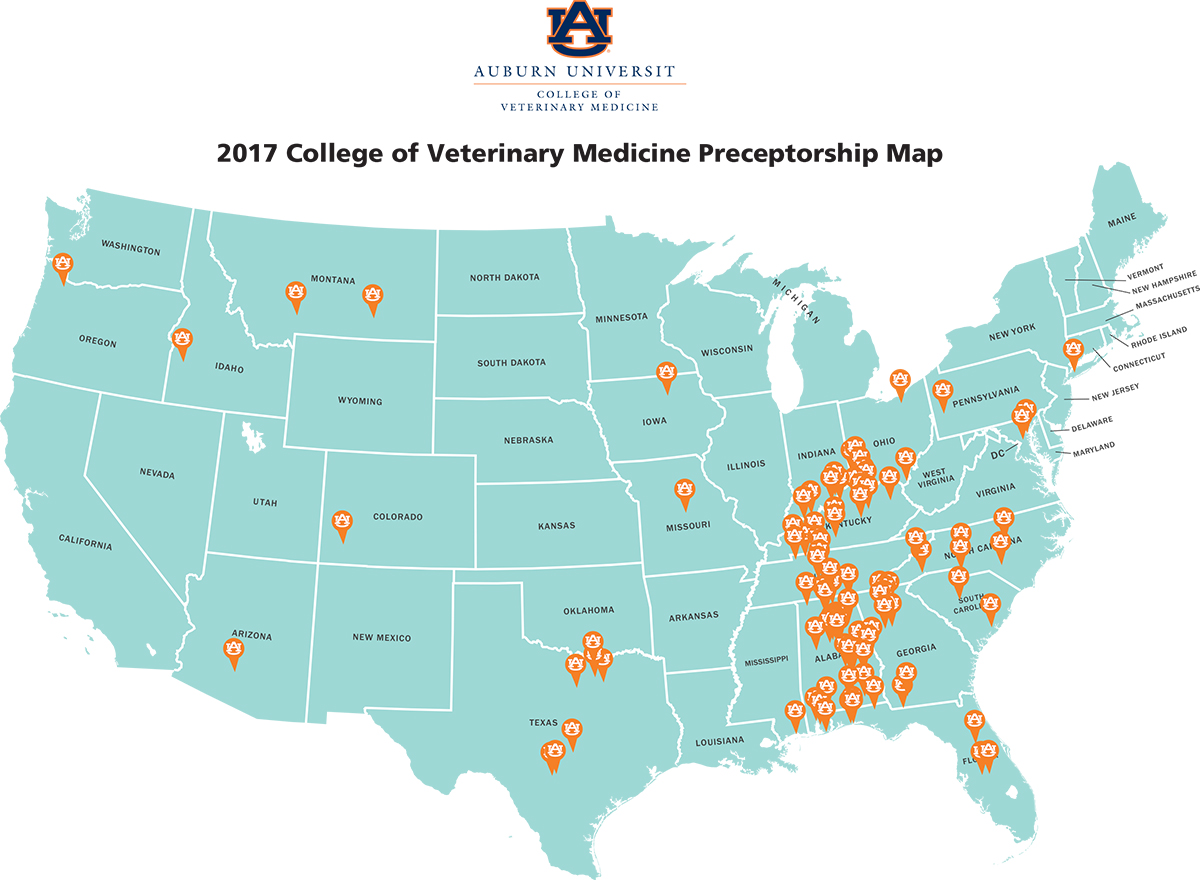 A map of the U.S. showing where Auburn CVM students are in preceptorships.