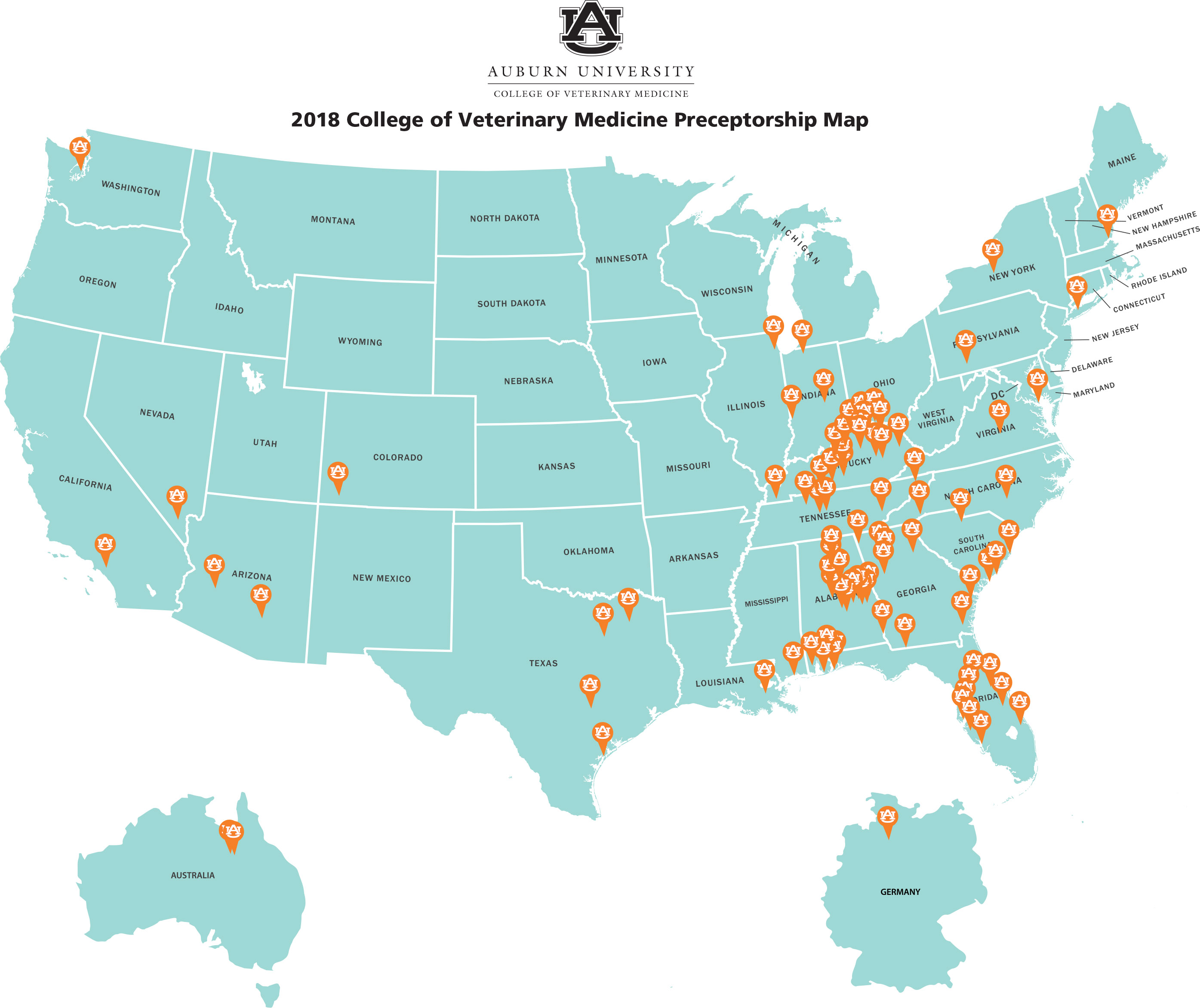 map of the U.S. showing where Auburn CVM students are conducting preceptorships.