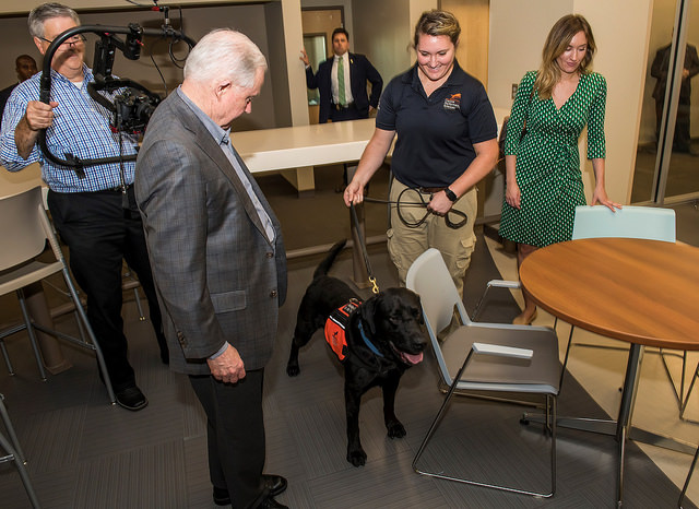 U.S. Attorney General Jeff Sessions visited Auburn University Friday to examine two key university initiatives aimed at protecting the public. Among two stops on campus, he visited the College of Veterinary Medicine to learn about Auburn’s canine detector program.
