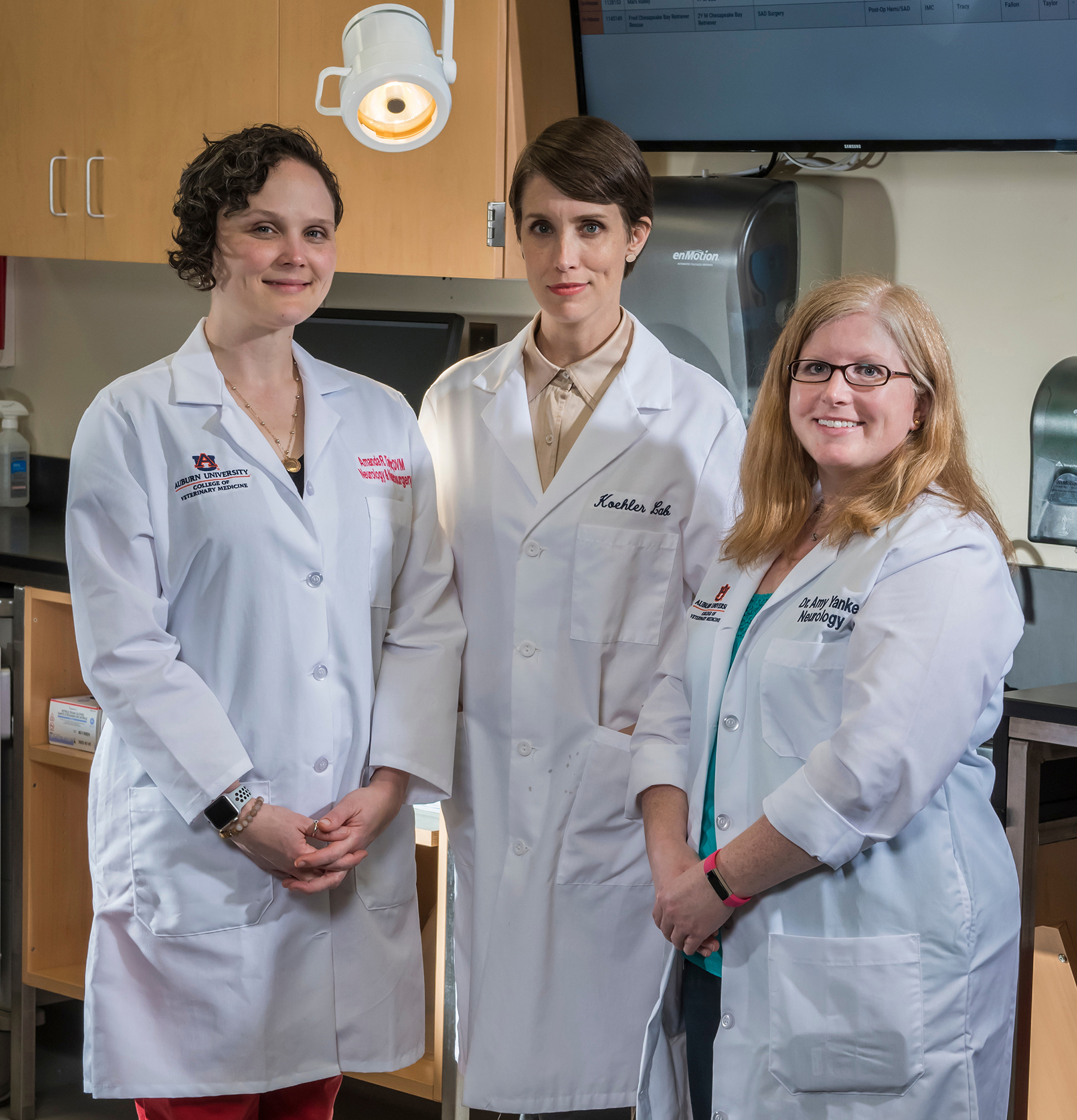 Former veterinary faculty Amanda Taylor, left, and current faculty Jey Koehler, center, and Amy Yanke.