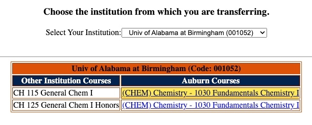 UAB Chemistry Course Equivalent