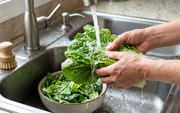 Hands washing lettuce in sink