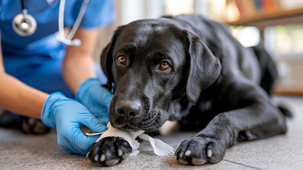 Dog getting leg bandaged.
