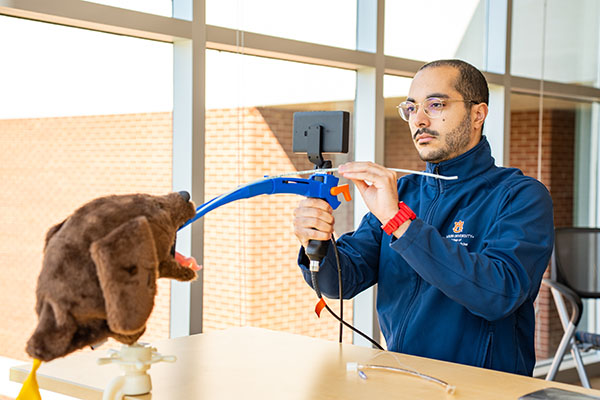 Anesthesia resident Dr. Nassim Bouhabib demonstrates the camera-equipped, 3D-printed laryngoscope developed through a partnership between the College of Veterinary Medicine and the Samuel Ginn College of Engineering. The device gives veterinary students and instructors a better view of the intubation process in real time.
